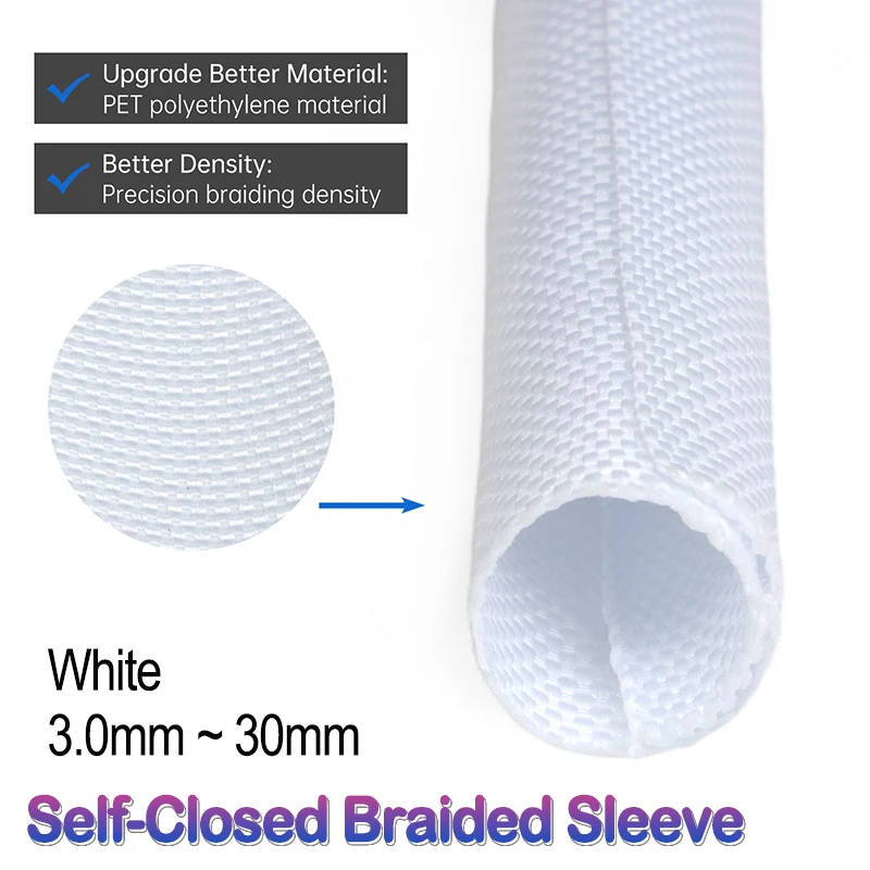 Gaine tressée PET auto-fermante 2/5/10M blanche 3mm - 30mm pour gestion de câbles, protection et organisation des fils