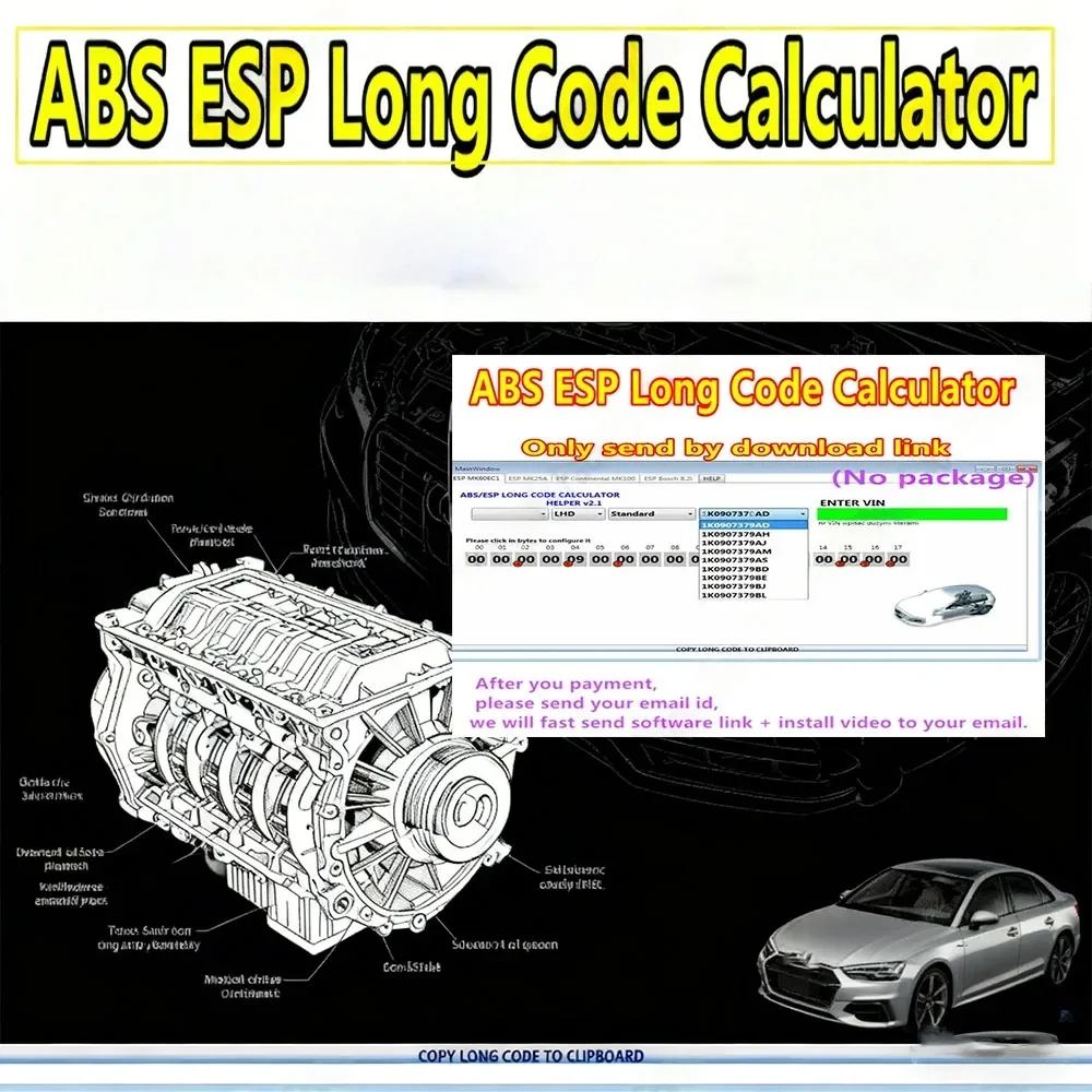 Latest Car Maintenance Tools V/W ABS ESP Long Code Calculator OBD2 Scanner Helper MK60EC1 ABS ESP Long Code Calculator Software
