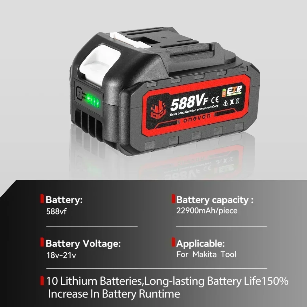 ONEVAN Rechargeable 588VF 22900mAh Lithium Battery 928VF 29900mAh Capacity Indicator Power Tool For Makita 18V Electric Wrench