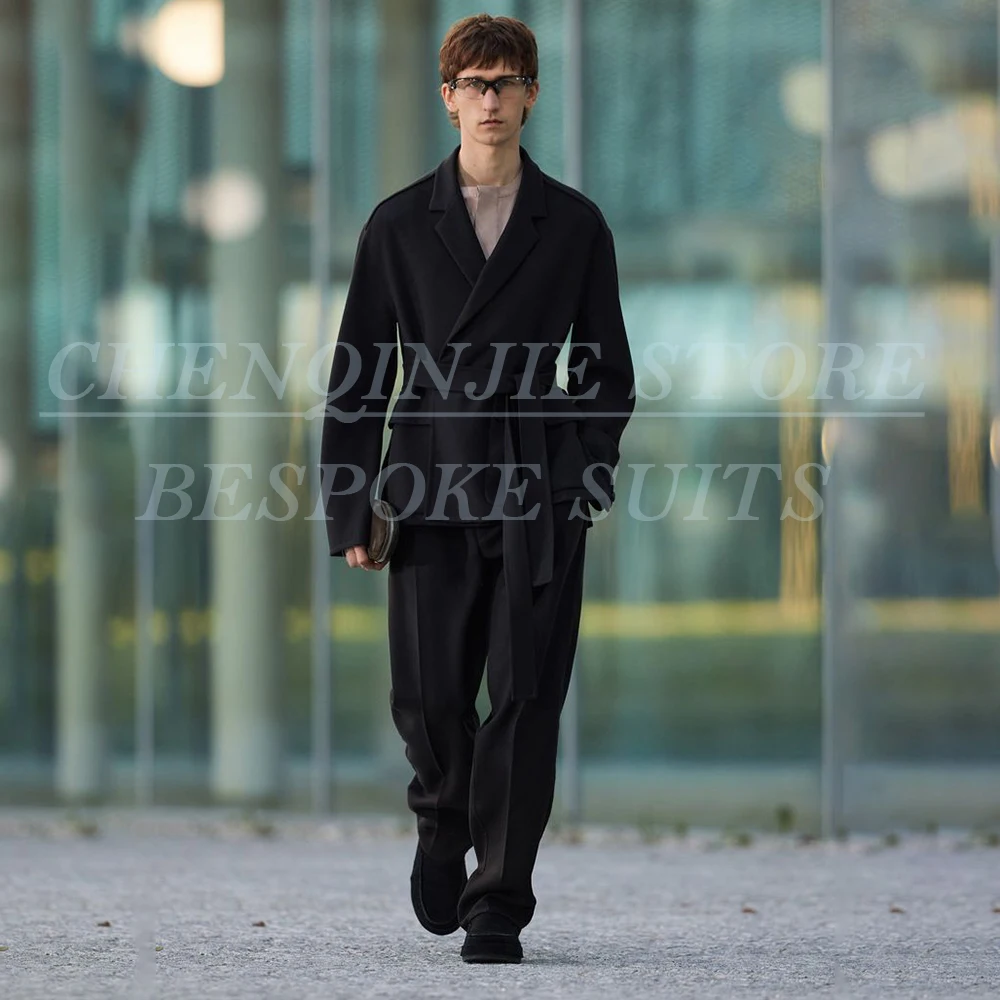 

Bespoke Black Men's Suits Fashion Belt Loose Hacndsome Male Clothing Fashion 2 Piece Jacket Pants Sets Customzied Outfits