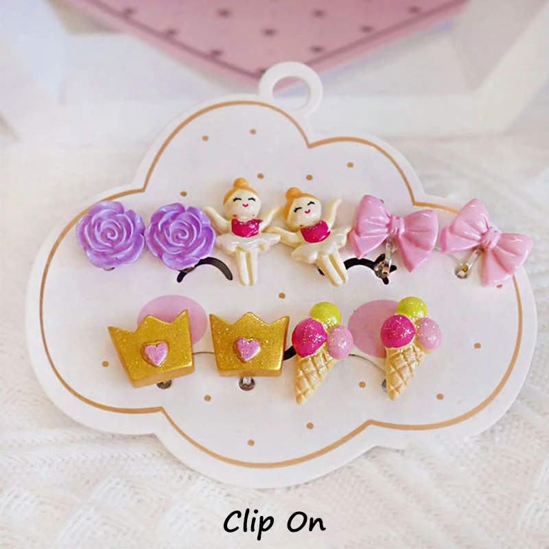 Cute Mermaid Flamingo Resin Earrings Ear Clips on Earrings for Girls Kids 5PRS/SET No Piercing Earring