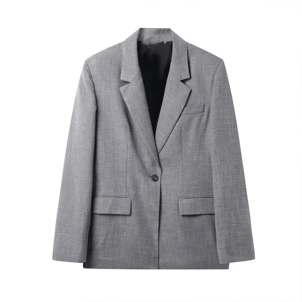 

Woman's Loose Blazer Textured Lapel Long Sleeves Single Button Solid Color Casual Jacket Office Commuting Autumn Chic Overcoat