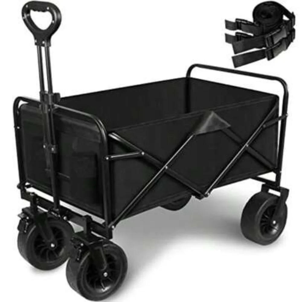 Collapsible Folding Wagon Cart with All Terrain Wheels, 2 Cup Holders, Heavy Duty Portable Beach Wagon for Garden Camping Fishing Shopping Grocery Outdoor Utility Cart, 360 Degree Swivel Front Wheels, Large Loading Capacity, Easy Storage