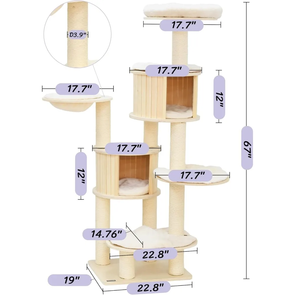 67” Tall Cat Tree Things for Cats Trees Extra Large Cat Tree - 8 Levels Wood Cat Tower W/Cat Condo Cats Accessories Pets Scraper