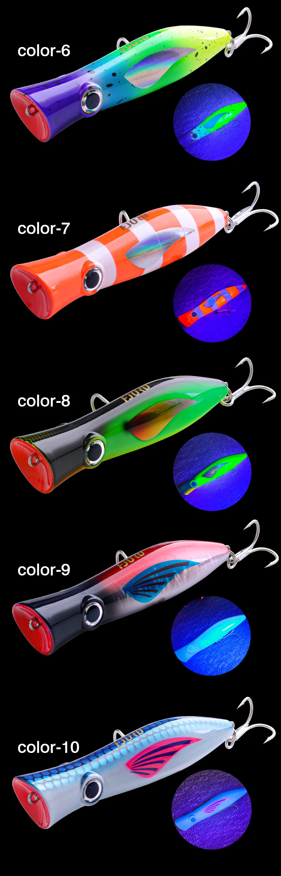FJORD Popper Angelköder, 49 g, Topwater, schwimmende Oberfläche, Köder mit Drillingshaken, großer Mund, Salzwasser, Meer, harte Köder, Angelwaren – Detail 7