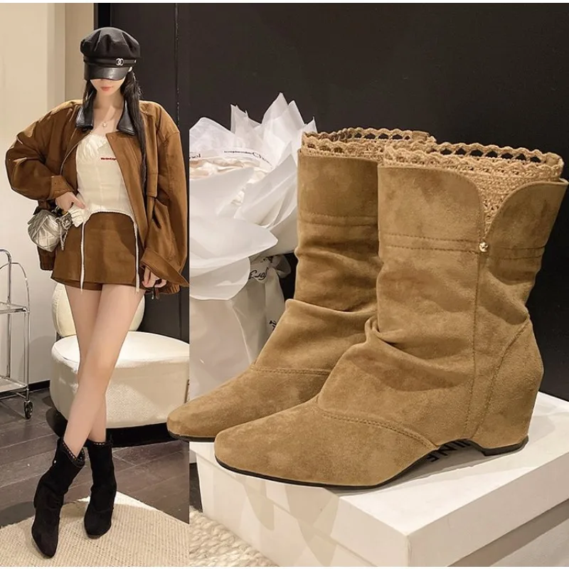 Retro Style Ruffled Women's 2026 New Lace High Heel Boots Western Boots Pointed Toe Rider Boots