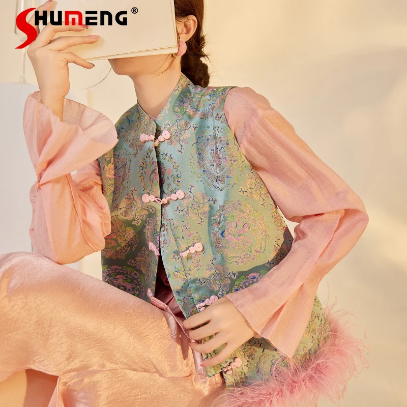 

Женские съемные жилеты со страусиными перьями ранней осени 2025, женские элегантные жаккардовые атласные майки, модные жилеты без рукавов