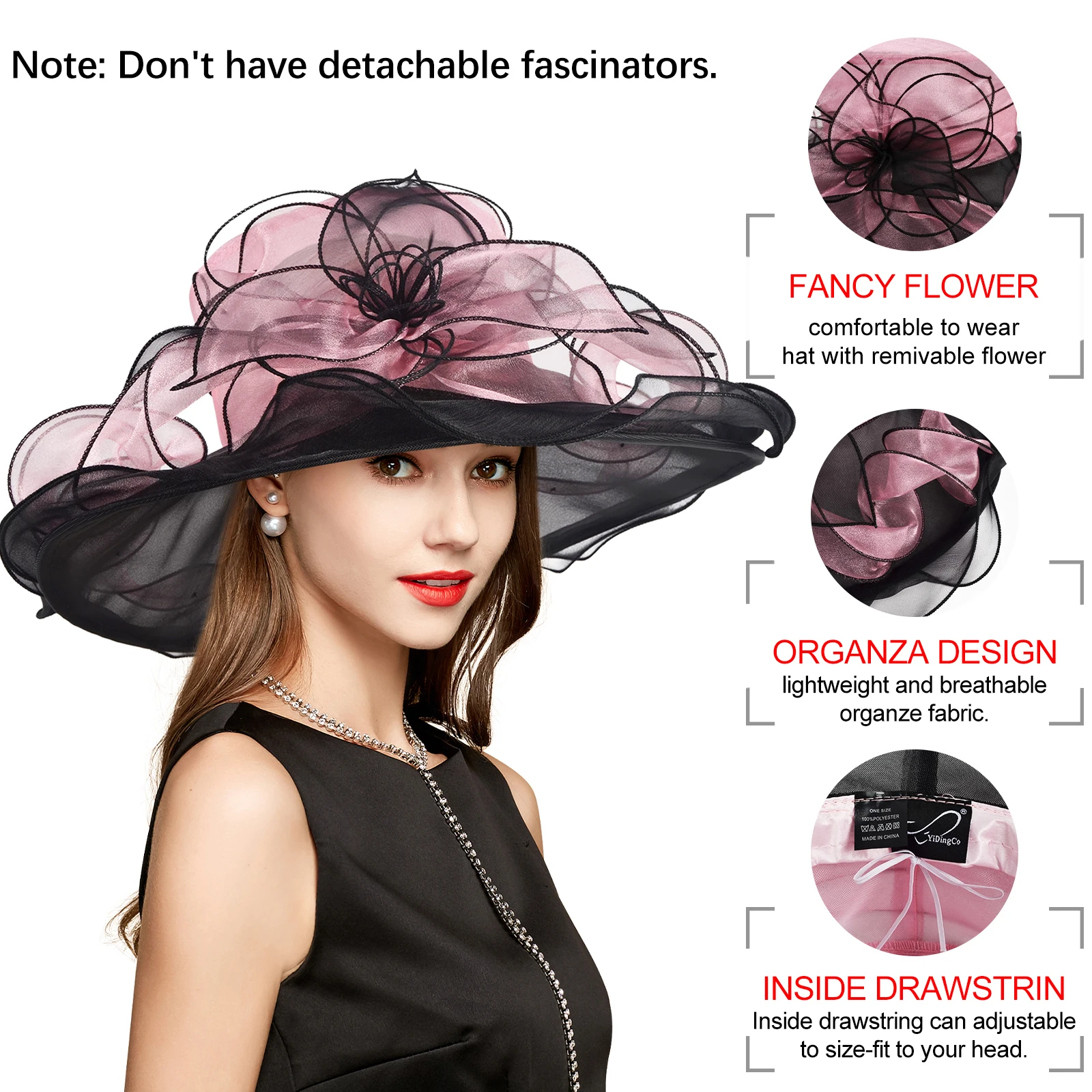 2024 Women\'s Organza Kentucky Pink Black Church Hats Tea Fascinator British Top Hat Tea Party Wedding Hat S10-2462