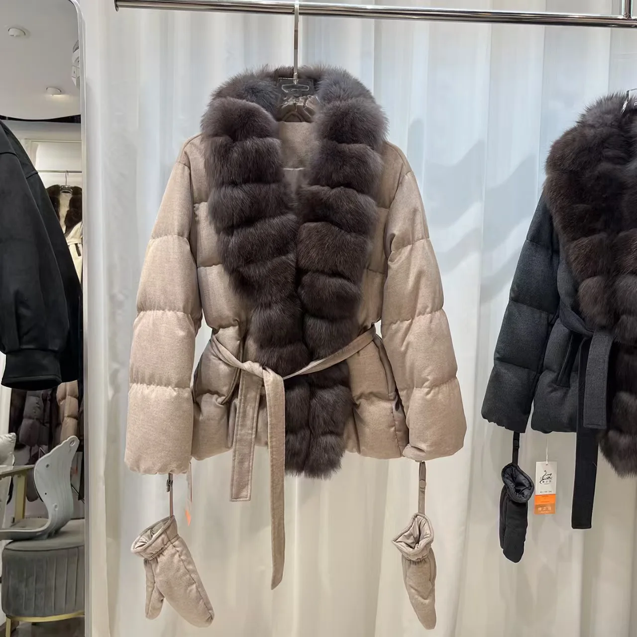Women's White Goose Down Jacket with Natural Fox Fur Collar, Thick, Warm Wool Tweed Coat, High-Quality Parka, 2026, New Style,