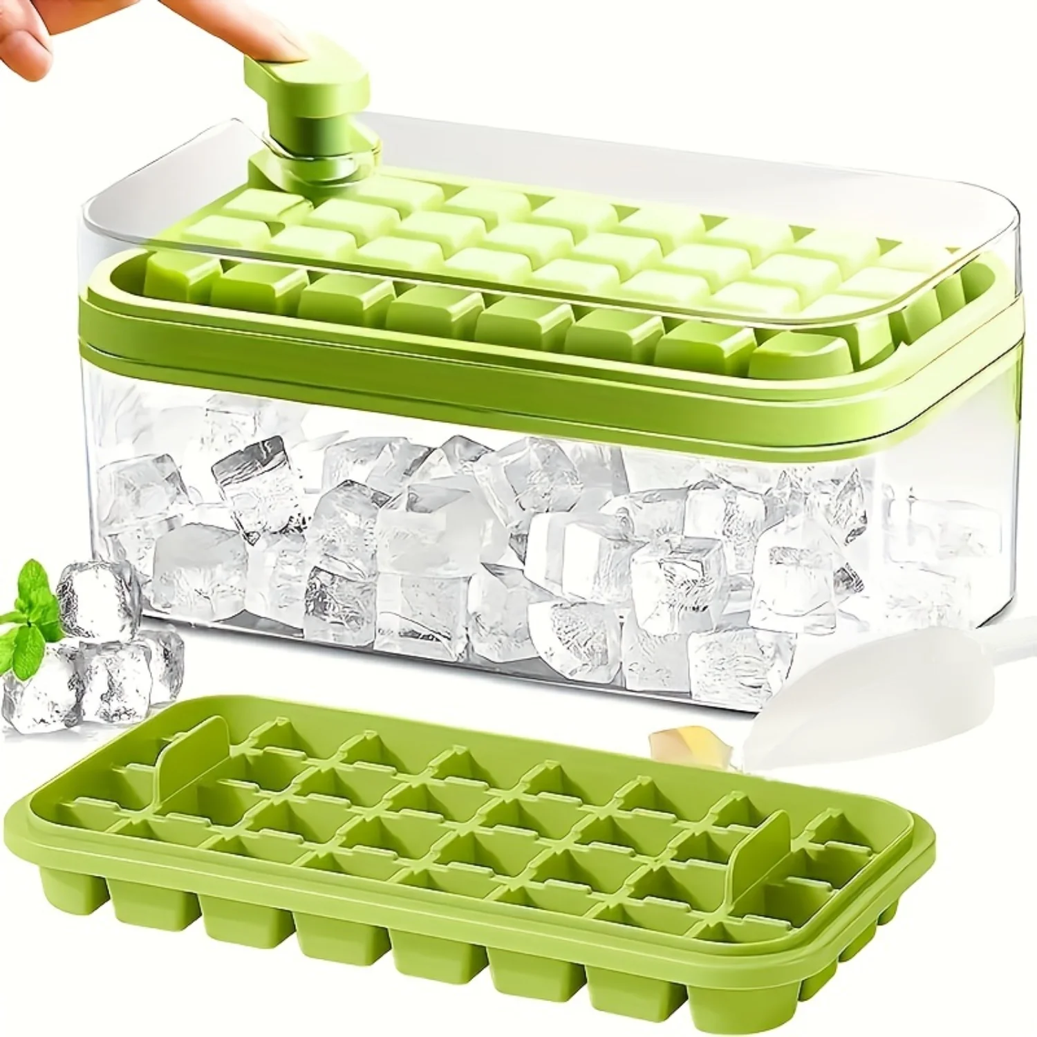 101oz Ice Cube Trays Set - 64 BPA-Free Plastic Trays with Lid, Bin & Scoop - High Capacity, Stackable & Easy Release for Freezer