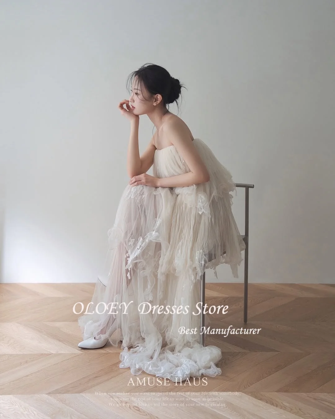 OLOEY Spaghetti Straps Soft Tulle Layered Korea Wedding Dresses Photo shoot Tiered Fairy Bridal Gowns Formal Occasion Customised