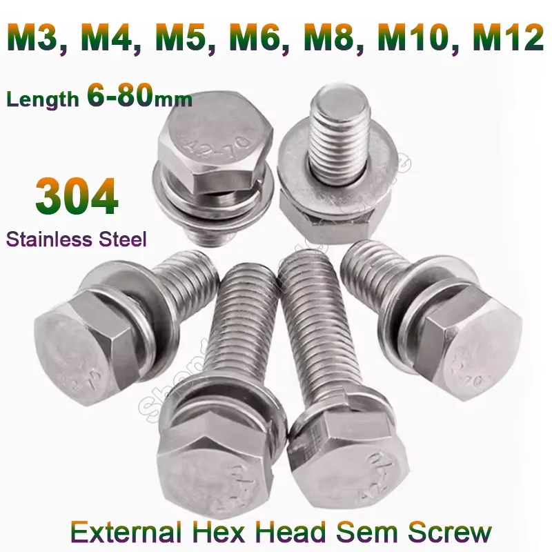 3-20Pcs M3 M4 M5 M6 M8 M10 M12 304 Stainless Steel External Hex Hexagon Head SEM Screw Flat Washer Spring Gasket Assemble Bolt