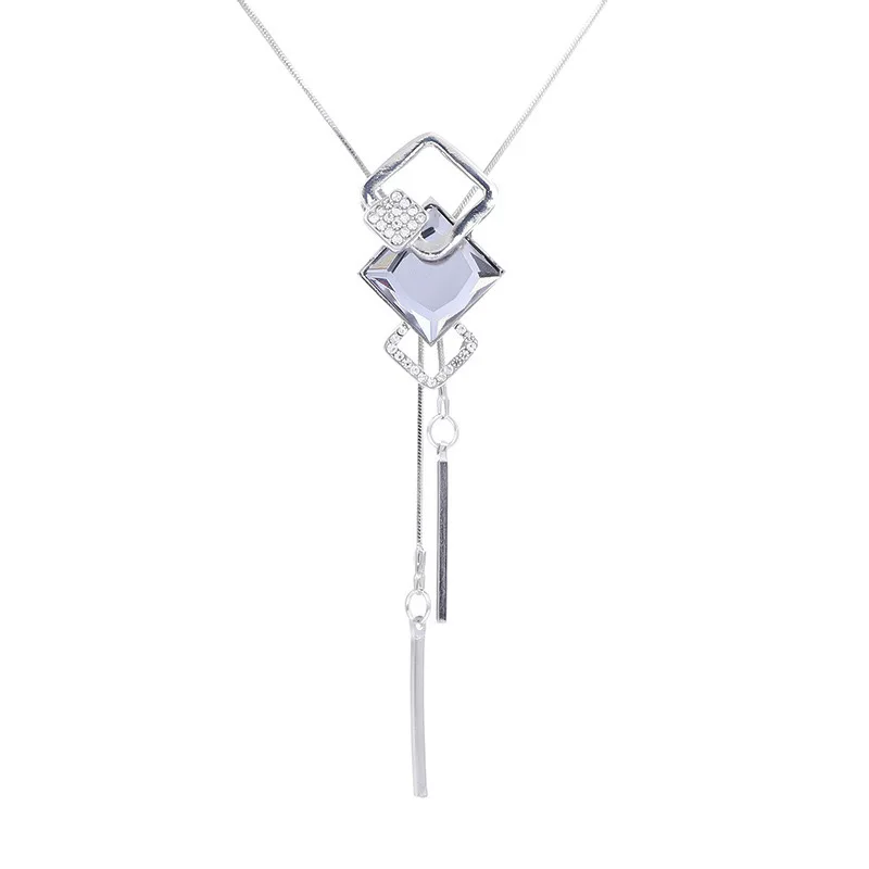 Fashion Hollow Crystal Square Pendant Sweater Necklace Silver Gold Black Color Chain Long Necklace for Women