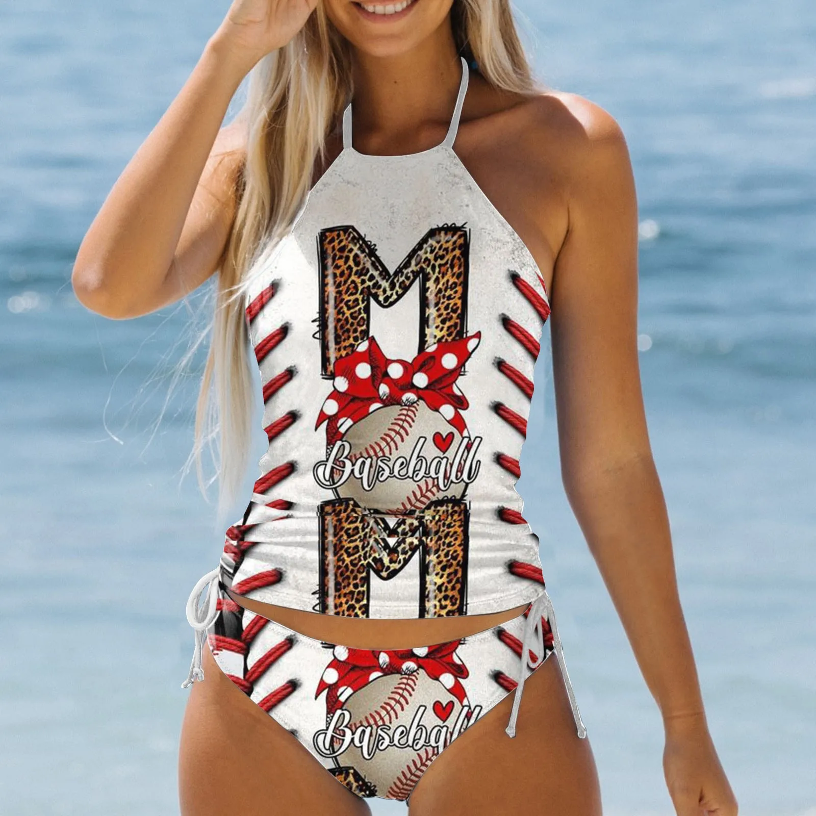 Calções de cintura alta femininos e tops pendurados no pescoço, trajes de banho esportivos, maiô, roupa de banho impressão 3D, conjunto tankinis,