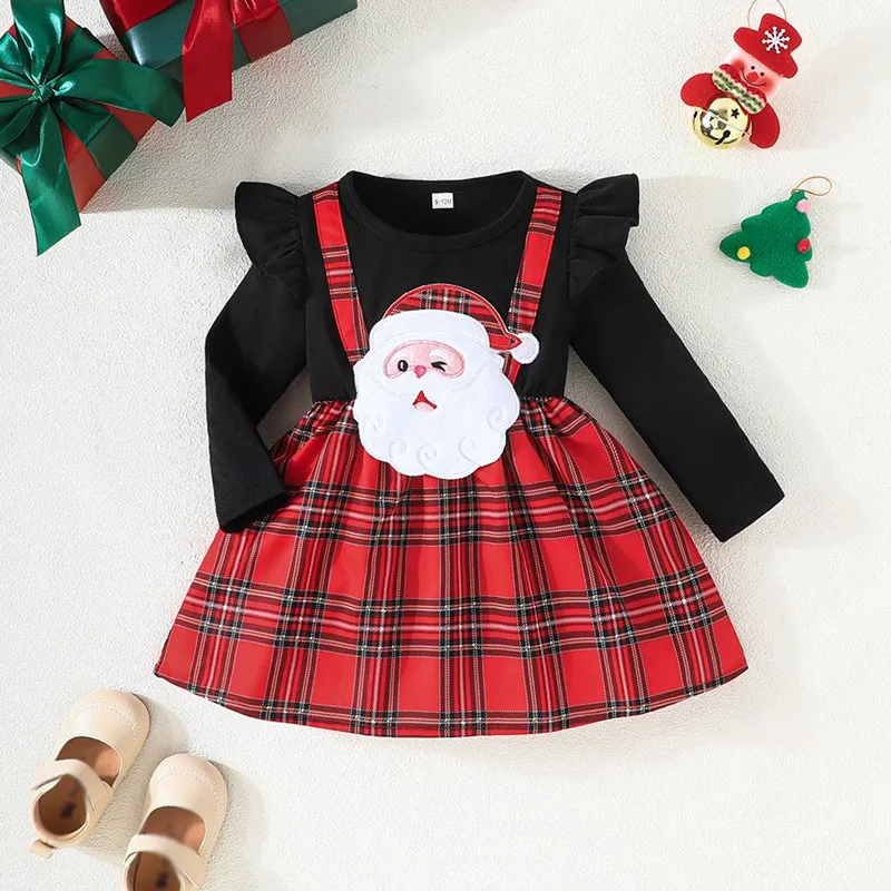 Toddler Baby Girl Santa Head Long-sleeve Spliced Red Plaid Dress Perfect for Outings and Daily Wear Basic Style Christmas