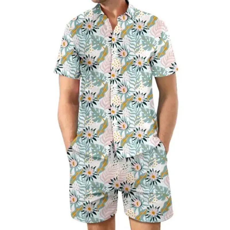

Flower Print Hawaiian Shirt Set 3D Leaf Print Shirt Sets Men Tracksuit Beach Short Sleeve Daily Sportswear Shirt Set 2 pieces