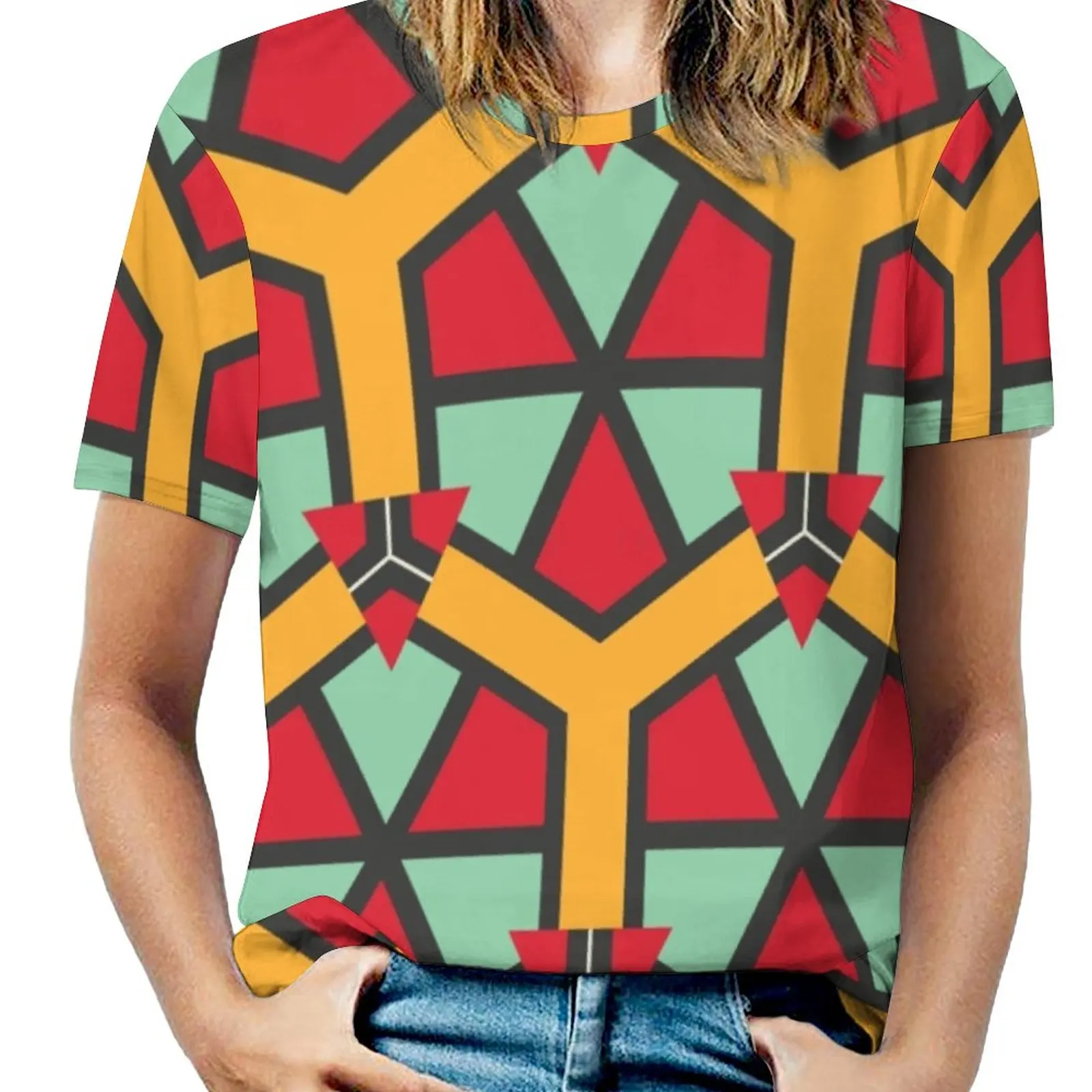 Honeycombs Triangles And Other Shapes Pattern Woman'S T-Shirt Spring And Summer Printed T Shirts Crew Neck Pullover Top