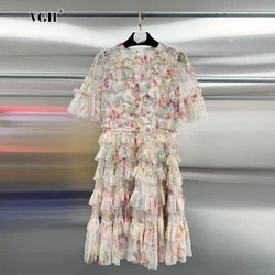 VGH Colorful Spliced Ruffles Mini Dresses For Women O Neck Short Sleeve High Waist Elegant Temperament Mesh Dress Female Clothes