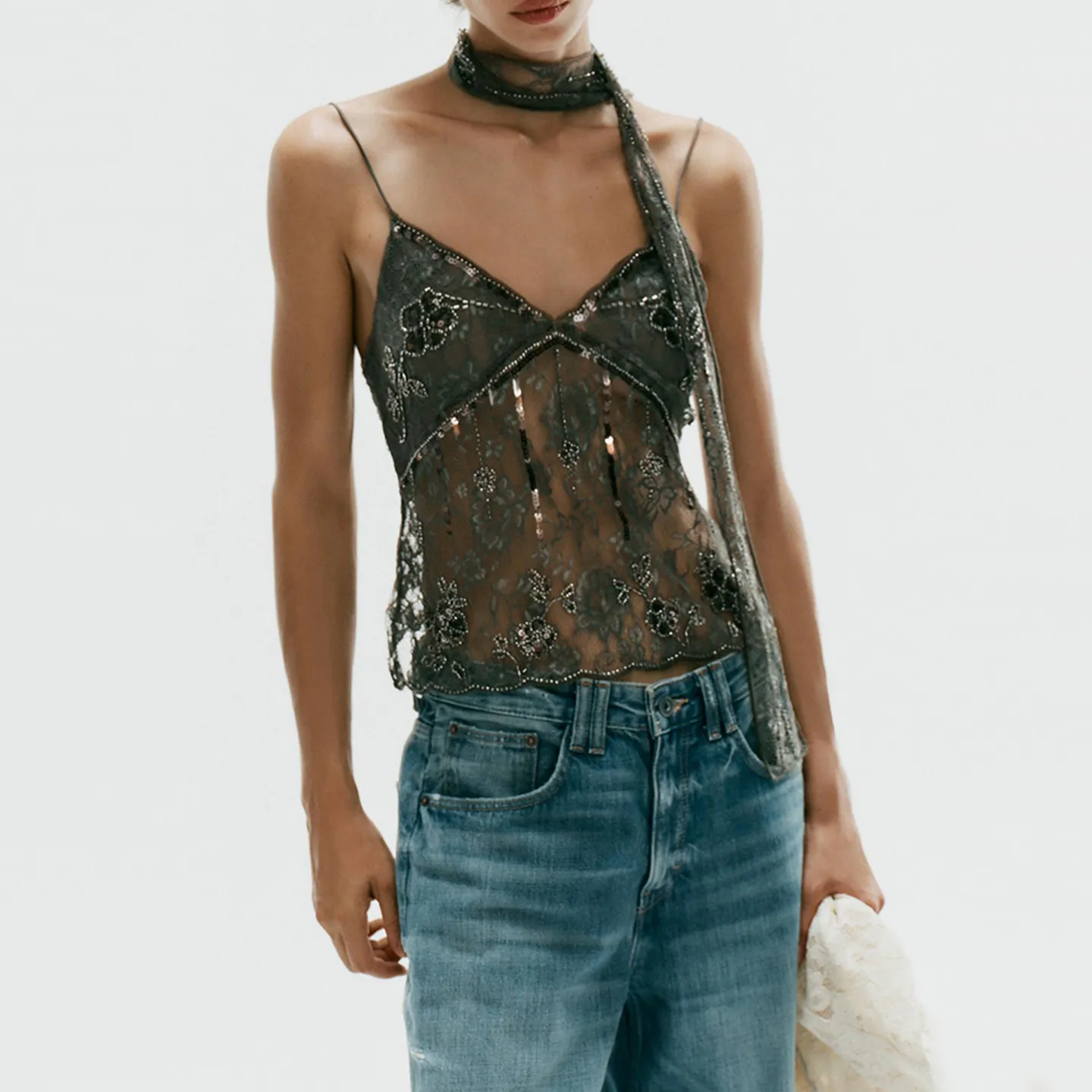 Fashionable Lace Embroidery Scarf Top Women's Slim Fit V-Neck Outerwear Regular Length Sleeveless Summer Autumn Season