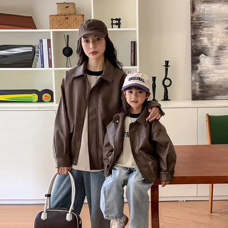 2024 New Family Clothes Autumn Winter Fashion Korean Mother Father Children Matching Pu Leather Jacket Mom Dad Son Daughter Sets