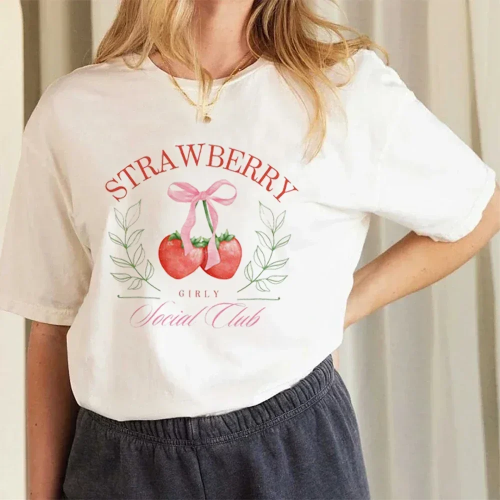 Strawberry Social Club Short Sleeved Kawaii Top Cartoon Print Trendy Fun Pattern Sweet T-Shirt Print Basic O-Neck Cute Tops Tee