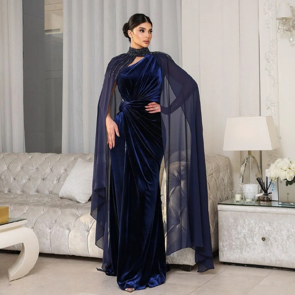 

Customized Matching Classic Velour Beading Sequined Pleat Straight High Collar Long Dresses Bespoke Occasion Dresses Formal