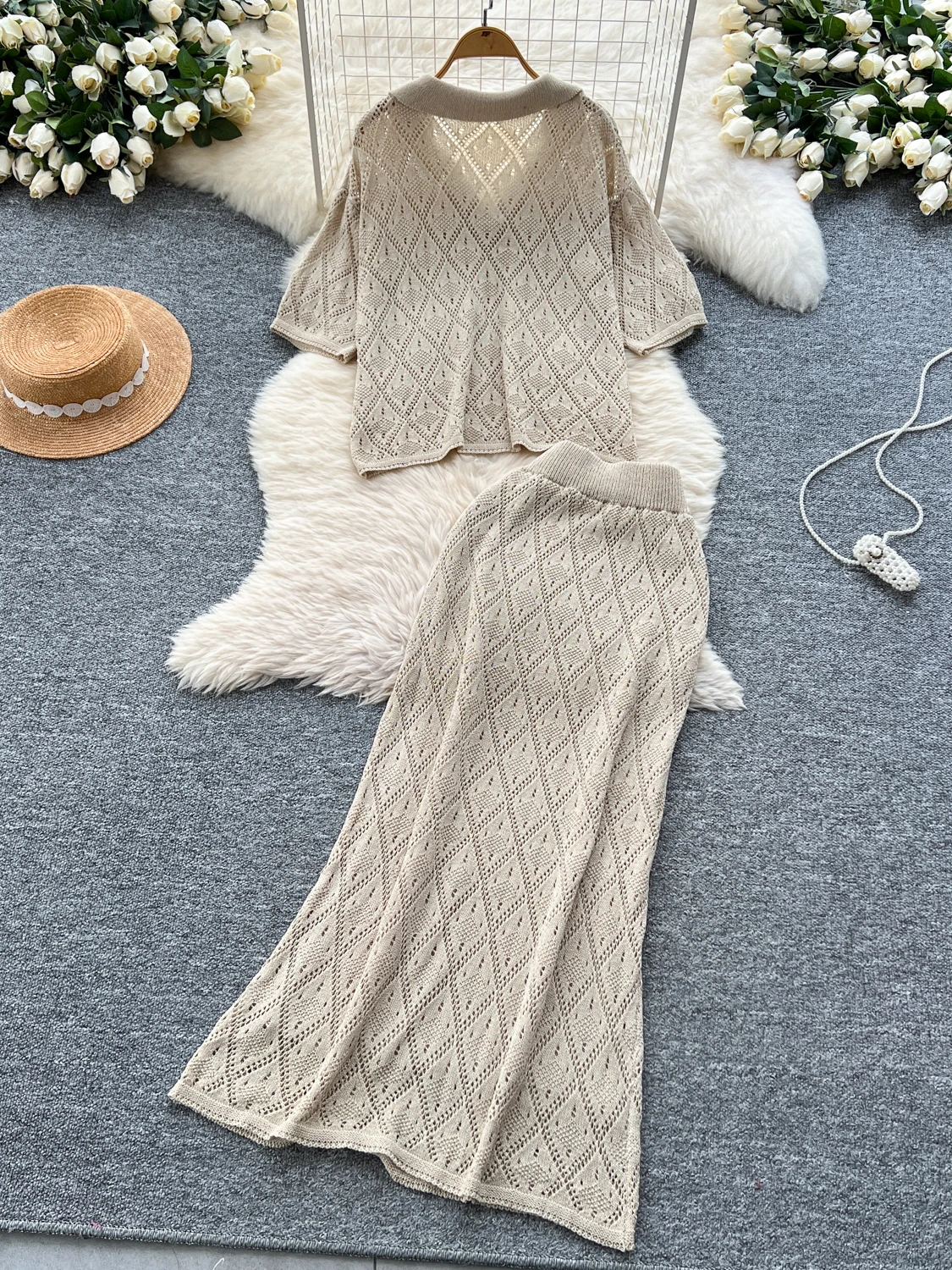 

Faionable Hollow out Hook Flower Ne ort Sve Knitted Top High Waist Bodycon Skirt Summer New Arrival Women'...