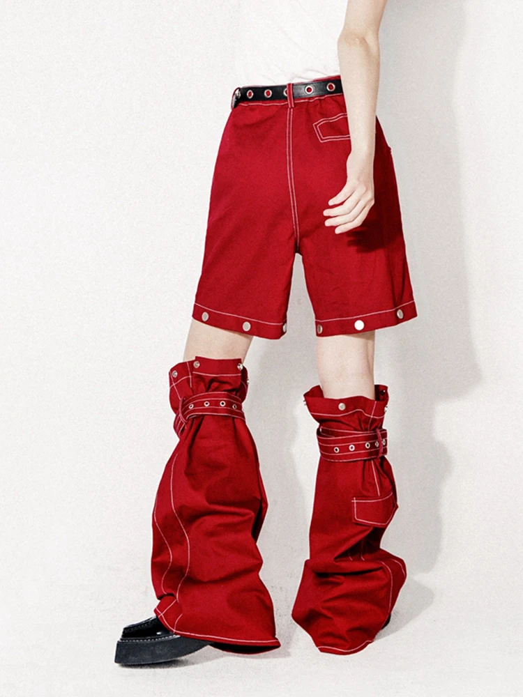 ReddaChic Hip-hop Women Red Cargo Pants 2-In-1 Detachable Baggy Jeans Y2k Wide Leg Jorts Trousers 90s Retro Skater Streetwear