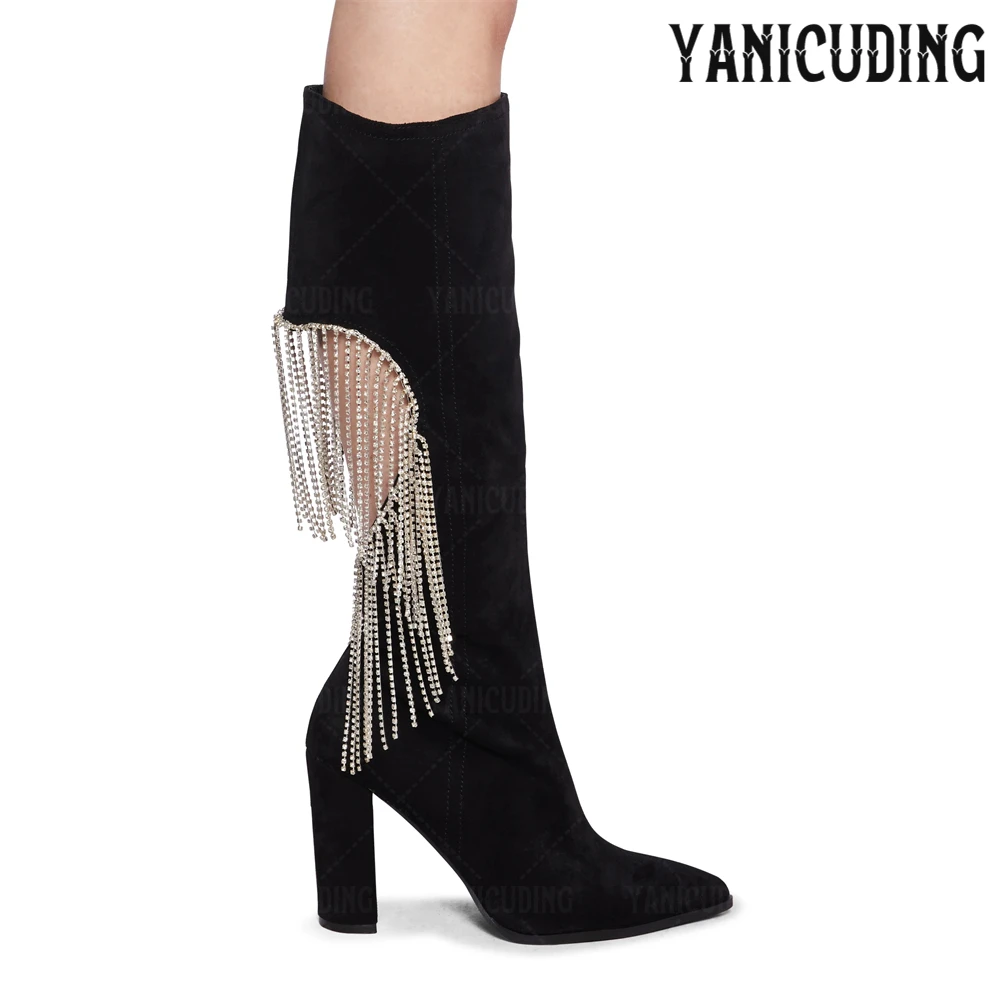 Heart Hollow Rhinestone Fringe Sandal Boots Luxurious Crystal Sexy Chunky Heeled Summer Boots Shiny Pointed to Knee High Boots