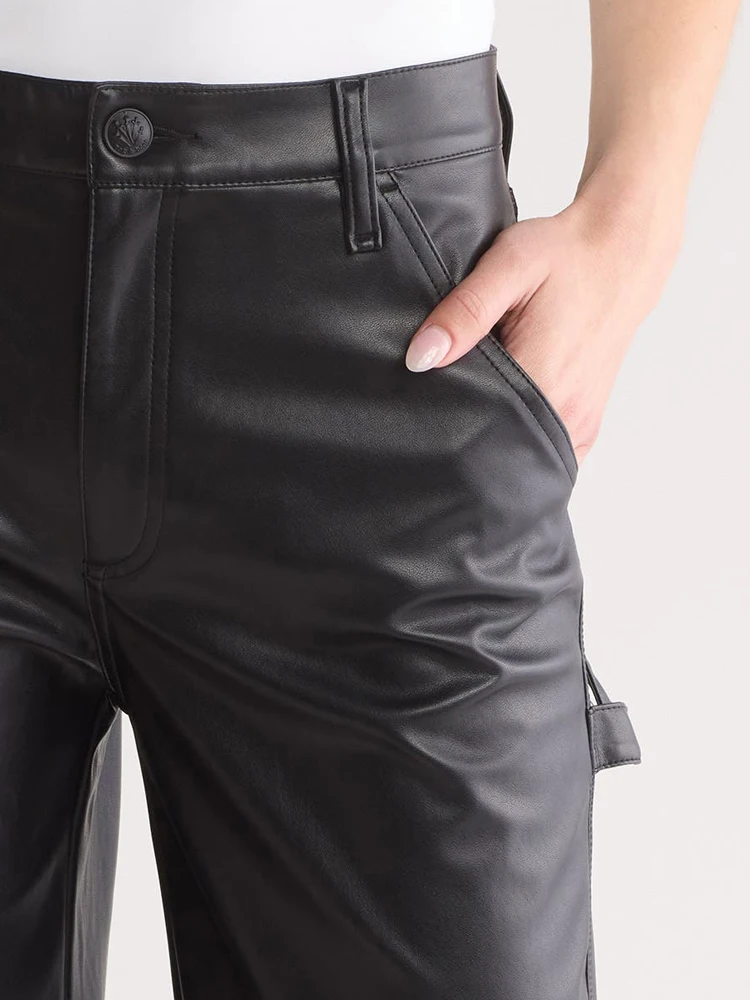 Black Matte Leather Carpenter Pants Women High Waist Faux Leather Straight Pants Ladies Stretch PU Y2K Trousers Clubwear Custom