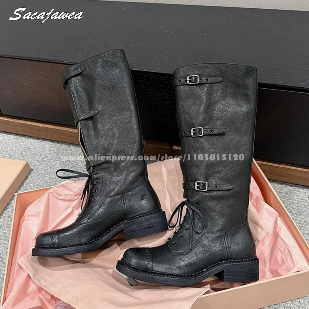 

Retro Belt Buckle Strap Mid Calf Modren Boots Autumn New Fashion Catwalk Style Casual Boots Round Toe Platform Lady Grace Boots