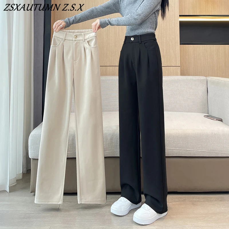 Pantalones de pierna ancha de lana de moda coreana Otoño e Invierno nuevos pantalones casuales de invierno de cintura alta sueltos de pierna recta pantalones de mujer