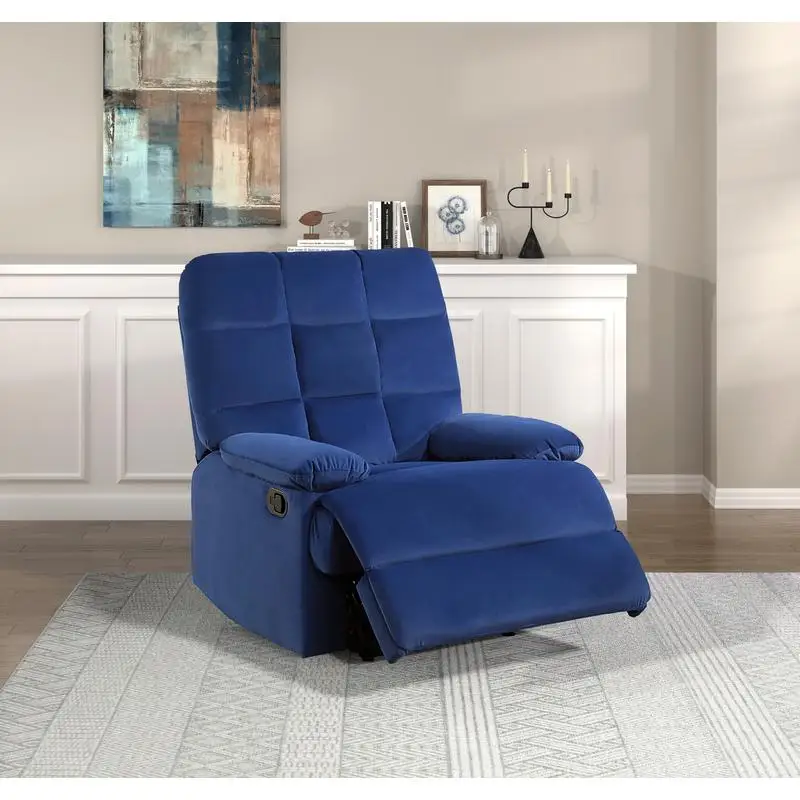 Modern Blue Velvet Reclining Chair, Square Tufted Back, Pillowtop Arms, Solid Wood, Stylish Living Room Recliner Furniture, 1