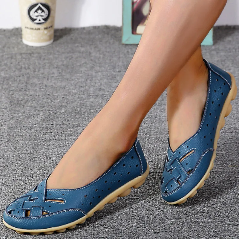 Mocassins deslizantes de couro macio para mulheres, sapatos casuais, mocassins de respiro, sapatos de enfermagem, verão