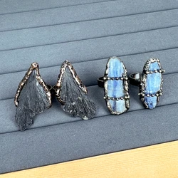 Natural Black Tourmaline Quartz Jet Stone ring, Vintage Blue Kyanite Crystal Ring for Women, Bronze Crystal Gemstone Jewelry