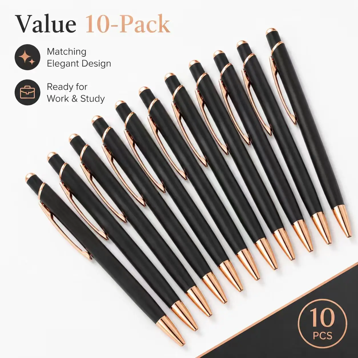 10 Pack Metal Click Ballpoint Pens, Black Barrel with Rose Gold Trim, Smooth Writing Retractable Metal Pens, Elegant Office Exec