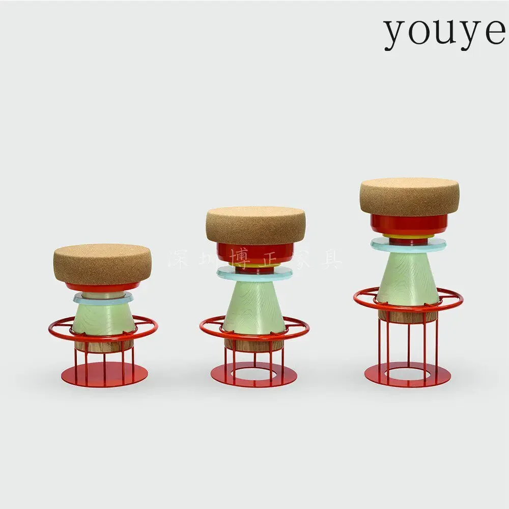 X32 Italian Art Mushroom Stool Light Luxury Model Room Soft Stool Contrasting Color Wrought Iron Solid Wood Edge Few Low Seat St view 5