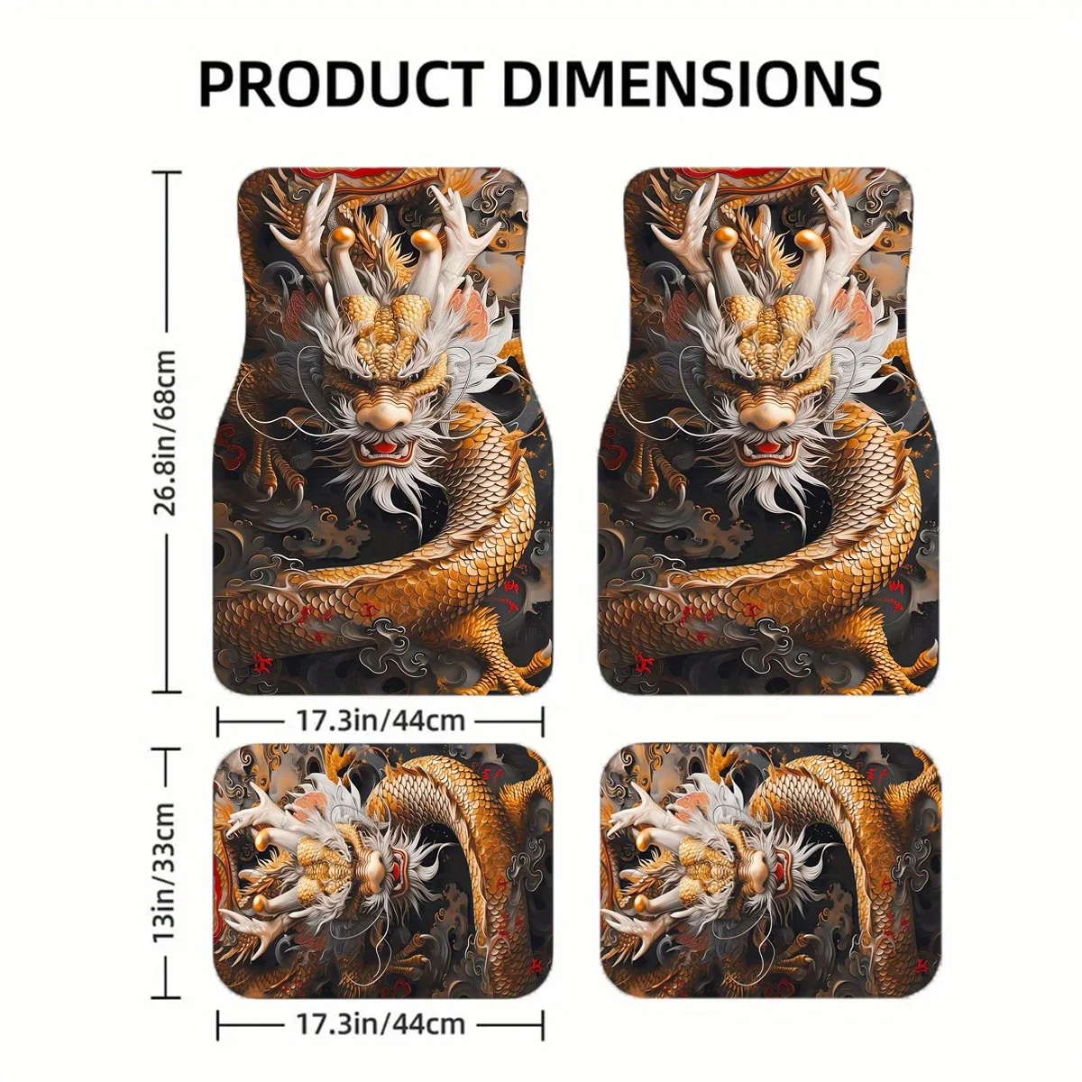 4pcs Dragon Design Polyester Car Floor Mats Set | Machine Washable, Universal Fit For Driver And Passenger Areas, Interior Car A