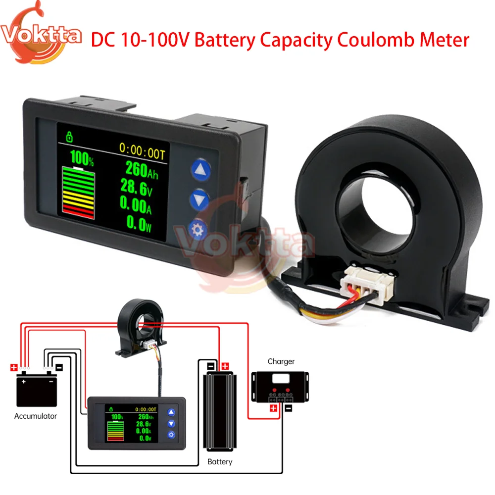 DC 10-100V Battery Capacity Coulomb Meter Monitor Voltage Current Power  Display Hall Sensor Coulomb Tester Voltmeter Ammeter