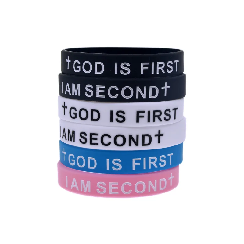 50 Pcs Jesus Silicone Wristband God Is First I Am Second Inspirational Bracelet Adult Size