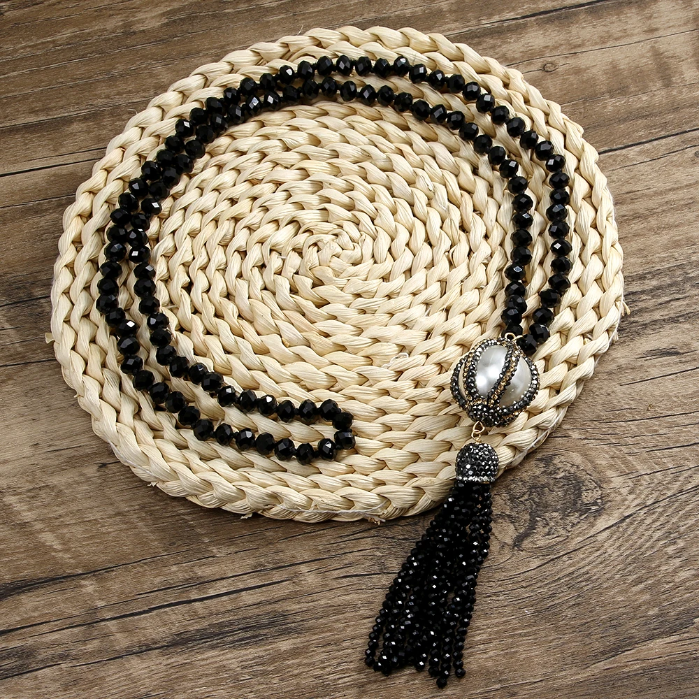 Fashion Bohemian Tribal Jewelry Black/White Crystal Glass Knotted Handmake Paved Big Ball and Tasse Necklaces