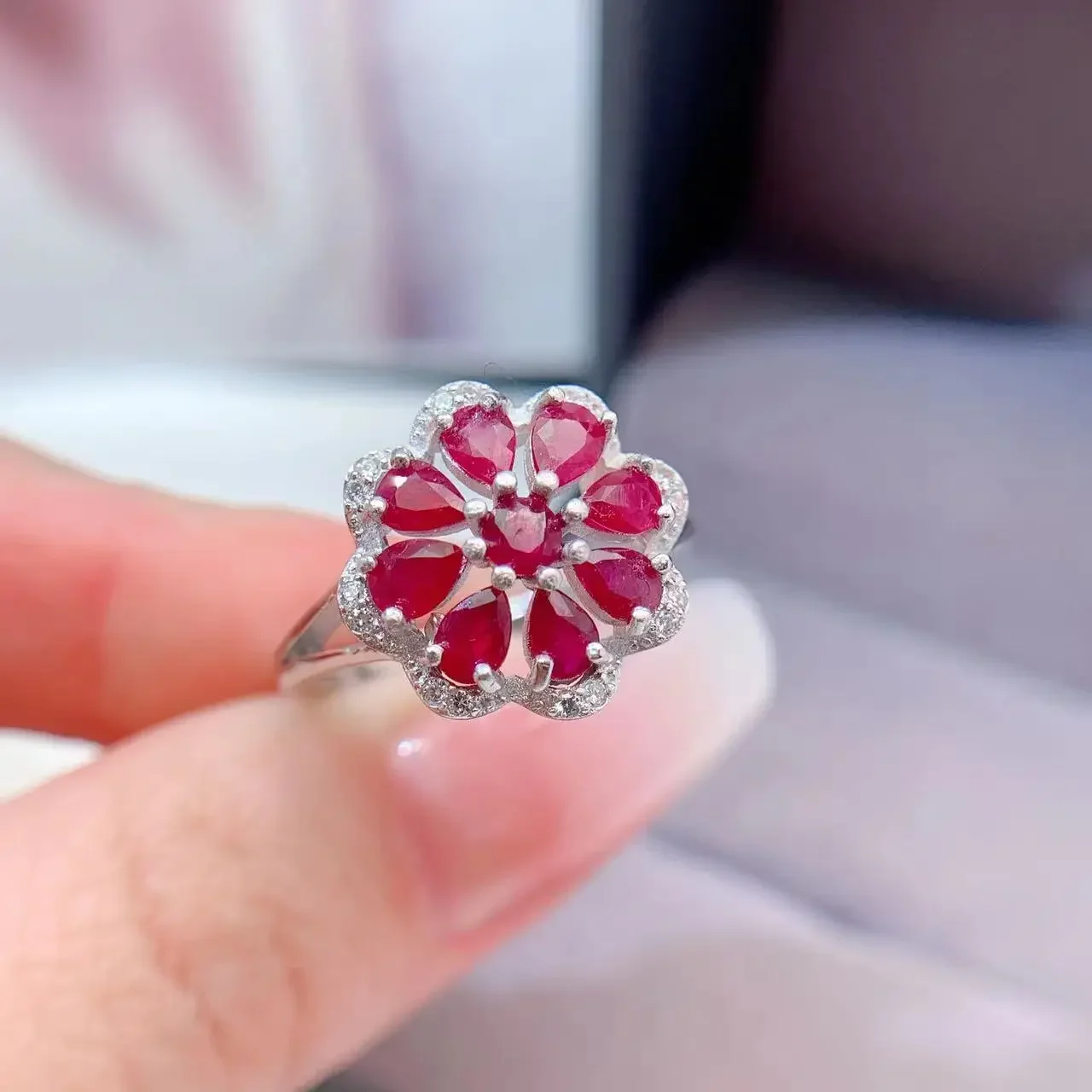 Nnatural Ruby Jewelry Gift for Woman Natural Ruby 9 pieces 3mm*4mm 925 Silver9 Ring for Office Woman 3 Layers 18K Gold Plating