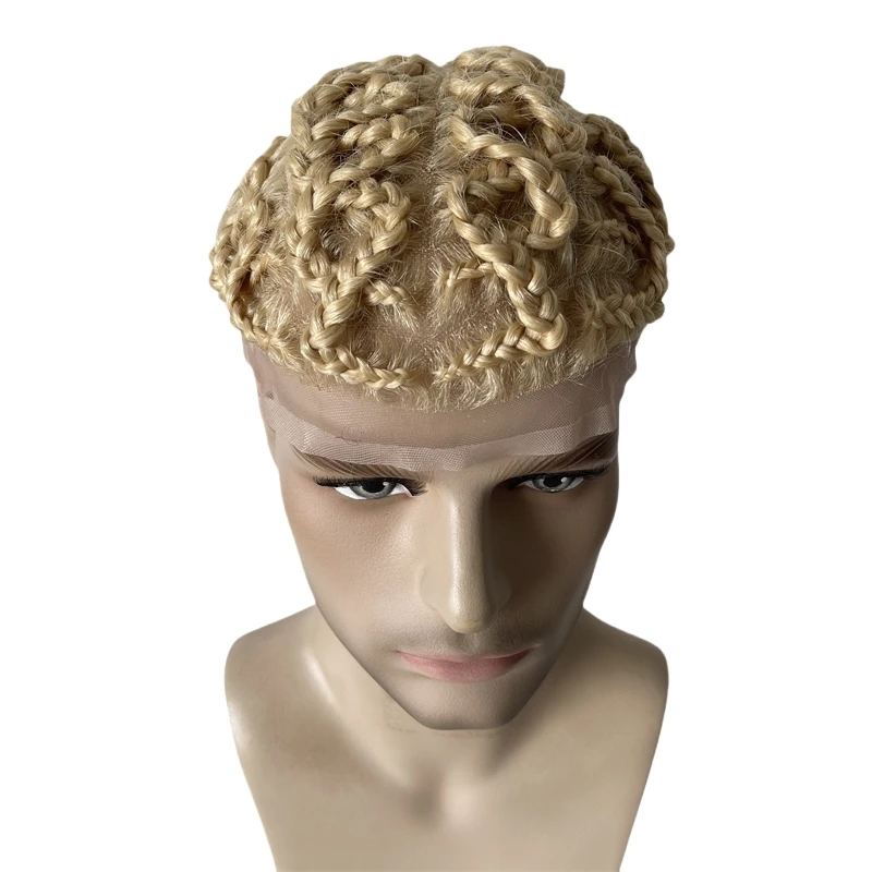 قطعة شعر بشري عذراء برازيلية # 613 شقراء اللون الأفرو كورنو الضفائر كامل الدانتيل الشعر المستعار 8x10 وحدات الدانتيل للرجال السود #6