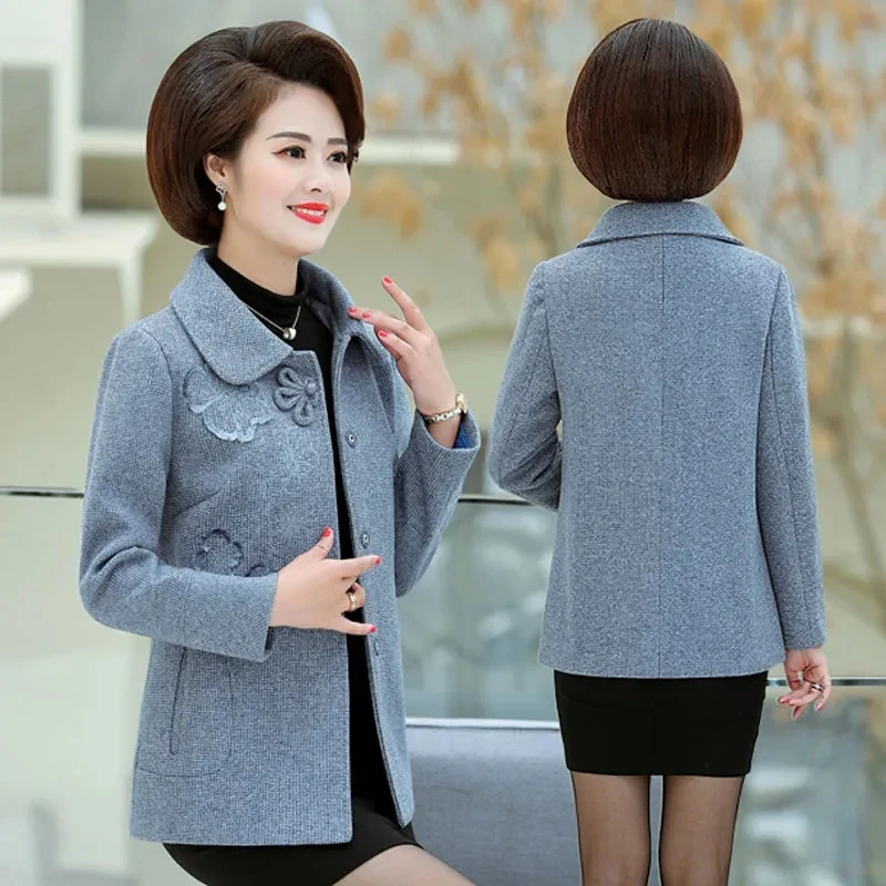 Mother's Woolen Coat Autumn Winter Thicken Warm Outwear Middle-aged Women's Fashion Casual Short Wool Jacket Embroidered Tops