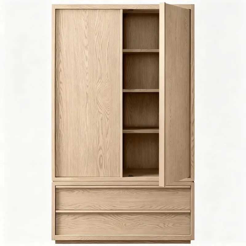 2 Doors 2 Drawers Solid Oak Wardrobe Handless Nordic Simple Design Storage Cabinet for Bedroom Apartment Hotel Home Use