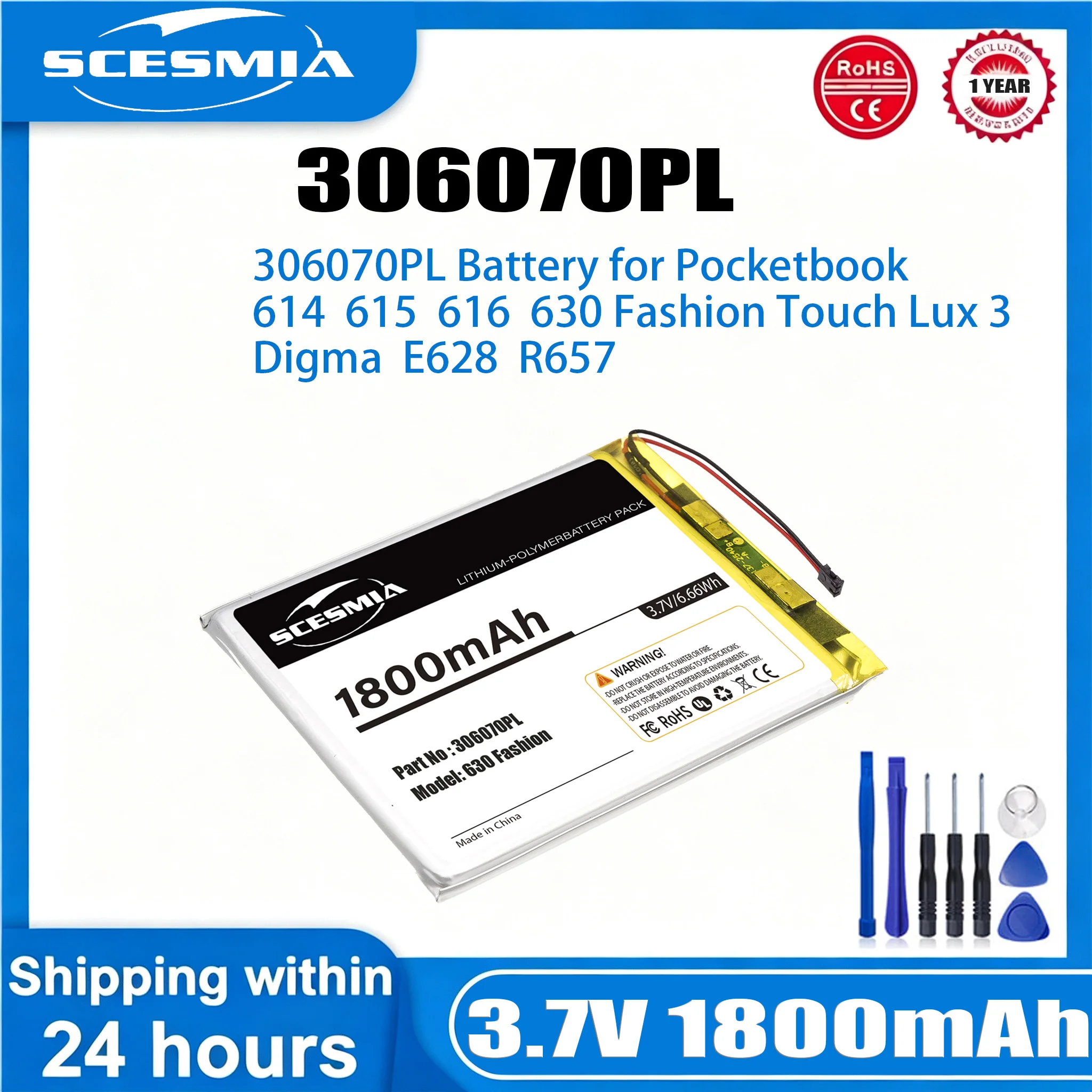 1800mAh 306070PL E-book, E-reader Battery for  Pocketbook 4G-15 4K-19 614 616 624 614 Basic 3 Plus