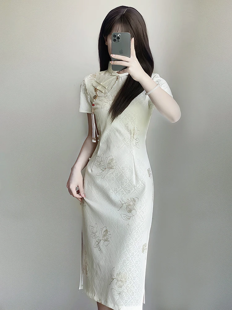 

Ele Young Girl Dr Chinese Sle Reformed Qipao High Quali Summer Dr ort Sve Midi Length Gown