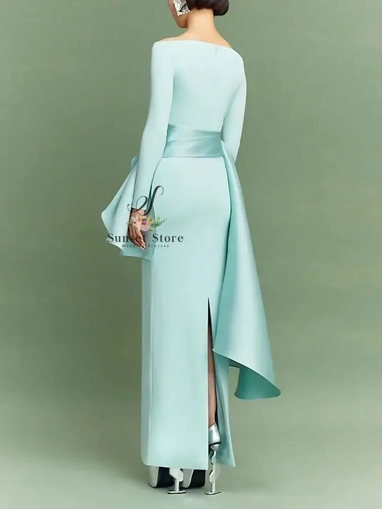 Customized  Elegant Light Blue Off Shoulder Long Sleeve Maxi Dress Floor Length For Evening Party Modern Chic Style