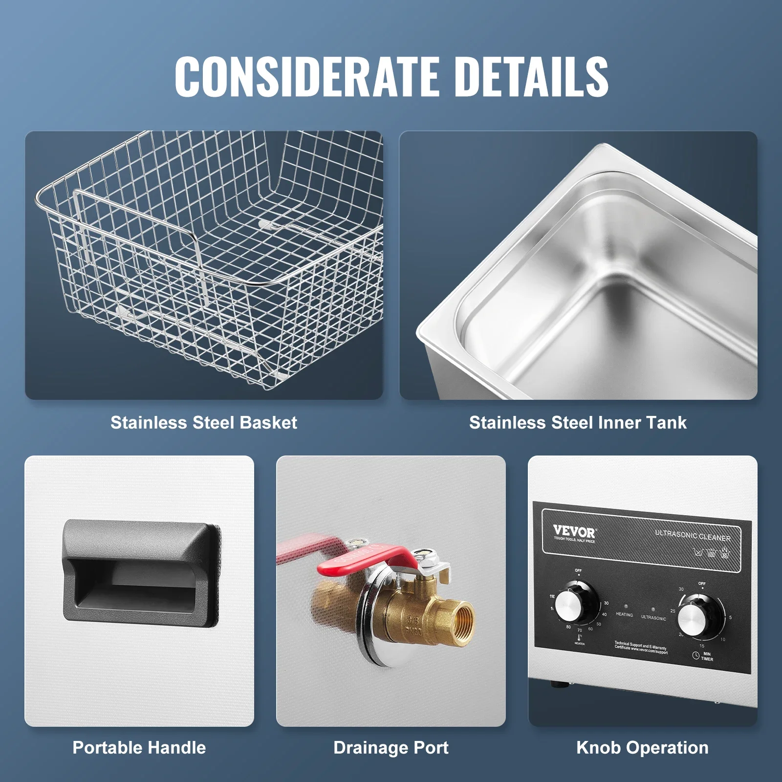 Ультразвуковой очиститель VEVOR 2/3/6/10/15/30L с таймером нагревателя для лабораторных инструментов, металлические детали, карбюратор, латунь, автозапчасти, детали двигателя