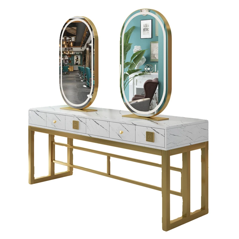 Haircut mirror table, hairdressing shop single-sided, haircut mirror cabinet integrated hair salon, marble with light
